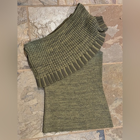 Manoush One Shoulder Top Variegated Olive Moss Bodycon stretch Top Ruffle S NEW - Picture 2 of 5